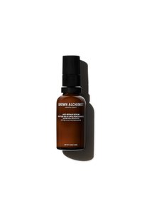 Brown glass bottle with a black spray top, labeled "AGE-REPAIR SERUM," featuring white text. Minimalist design, cylindrical shape, and no patterns.