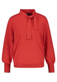 Suéter rojo de punto con un cuello alto y pajarita desmontable. Presenta mangas largas y abullonadas, y puños y dobladillo acanalados para un ajuste entallado.