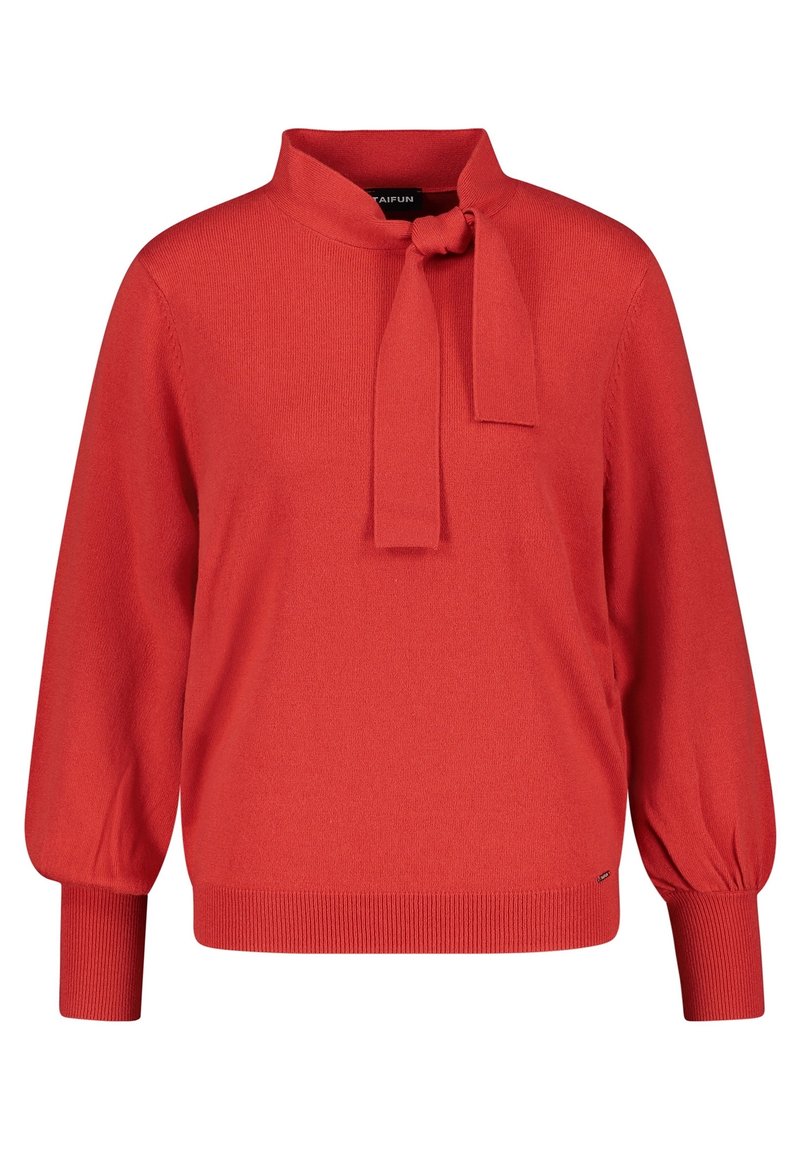 Suéter rojo de punto con un cuello alto y pajarita desmontable. Presenta mangas largas y abullonadas, y puños y dobladillo acanalados para un ajuste entallado.