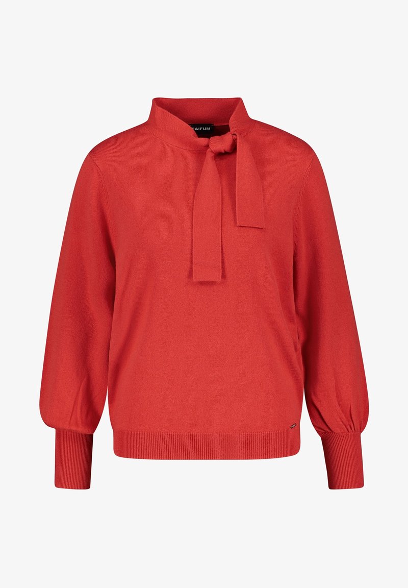 Suéter rojo de punto con un cuello alto y pajarita desmontable. Presenta mangas largas y abullonadas, y puños y dobladillo acanalados para un ajuste entallado.