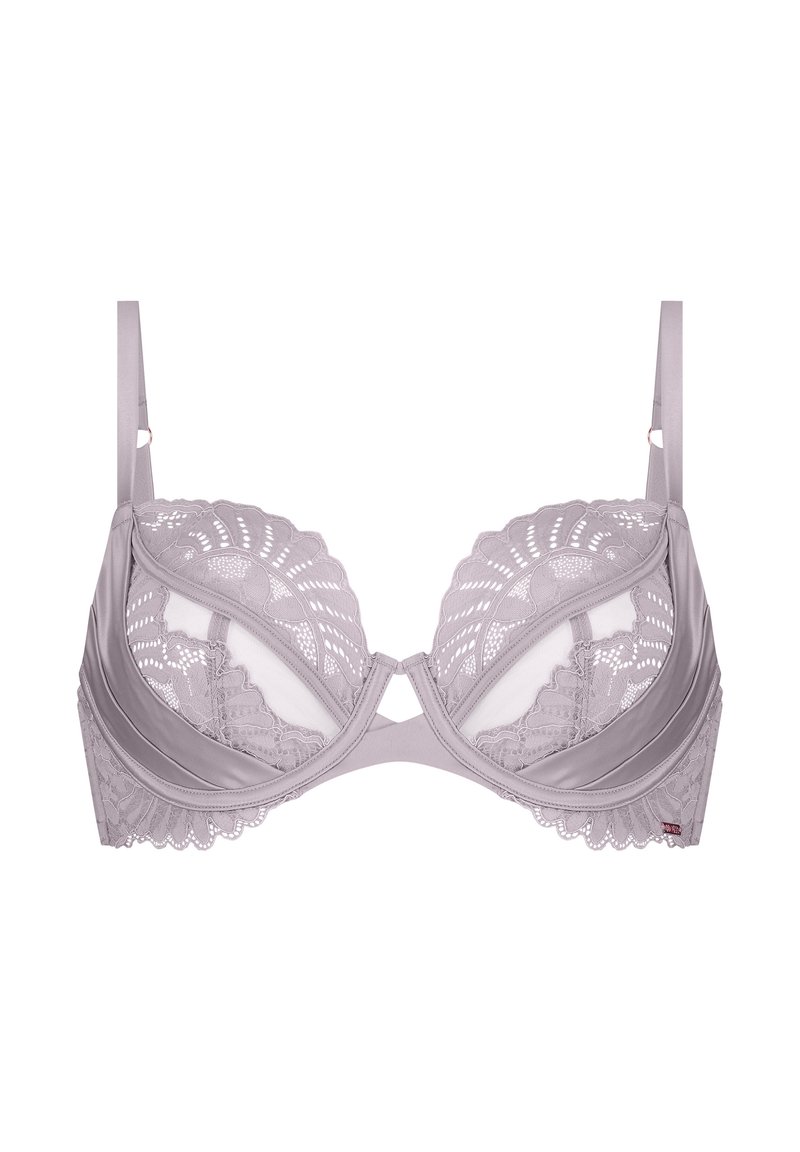 Licht lavendelkleurige bh met kantdetails, soepel cups, verstelbare bandjes en een decoratieve uitsnede tussen de cups.