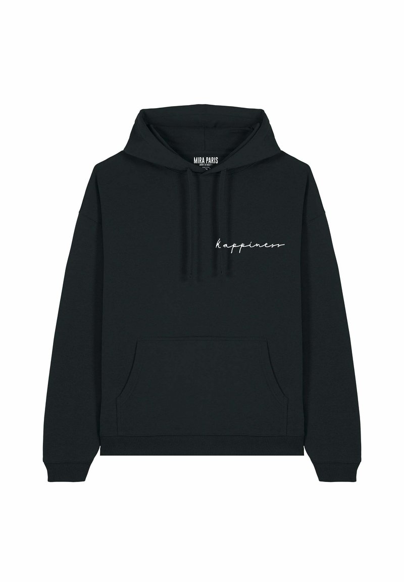 Sudadera negra con bolsillo canguro, cordones y texto bordado "felicidad" en blanco. Fabricada en una suave mezcla de algodón.