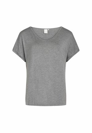 Hall ohutvarbiga t-särk laia V-kaelusega, pehme tekstuuri ja mugava lõikega. Lihtne disain, ilma mustrite või kaunistusteta.