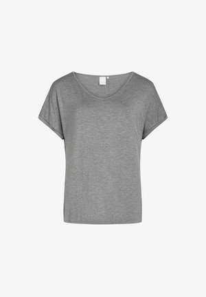 Grå kortærmet t-shirt med bred V-hals, blød tekstur og afslappet pasform. Enkel design uden mønstre eller udsmykninger.