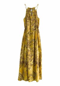 Robe longue jaune avec motifs floraux et feuilles bruns. Dotée d'un col froncé et de bretelles ajustables. Tissu lisse et léger.