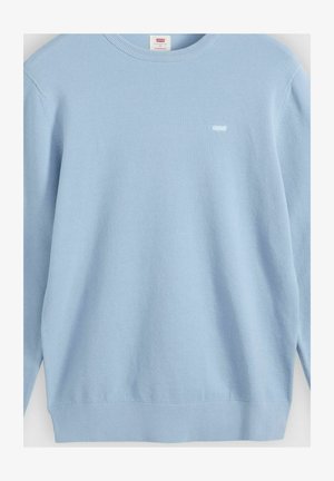 Vaaleansininen pitkähihainen teksturoitu neulepaita pyöreällä kaula-aukolla ja pienellä valkoisella Levi's-logolla vasemmassa rinnassa, normaalimallinen, keskikoko.