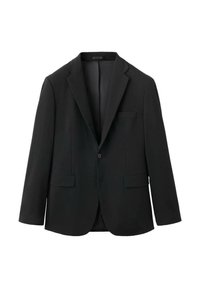 Blazer nero con texture liscia, revers a punta, due tasche anteriori, chiusura con un bottone e vestibilità sartoriale.