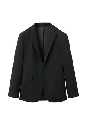 Zwarte blazer met een gladde textuur, notch revers, twee voorzakken, sluiting met één knop en een getailleerde pasvorm.