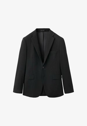Black blazer with a smooth texture, notched lapels, two front pockets, single button closure, and a tailored fit.