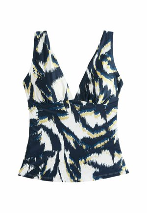 Marineblaue Tanktop mit tiefem V-Ausschnitt, das mit einem auffälligen weißen und goldenen abstrakten Muster versehen ist, und einer taillierten Silhouette. Glatte Stofftextur.