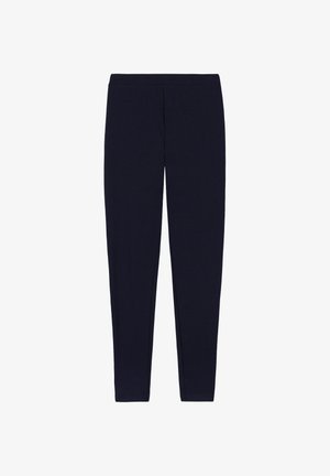 Leggings blu navy realizzati in tessuto morbido e elasticizzato con una vestibilità slim. Presentano un bordo elastico in vita e nessuna cucitura o motivo visibile.