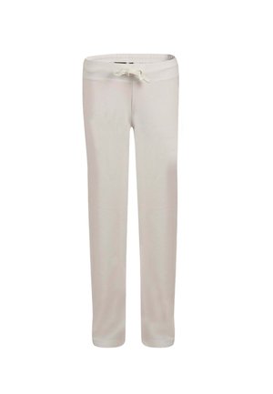 Pantaloni sportivi color beige chiaro realizzati in tessuto morbido, con vita elasticizzata e cordoncino, gamba dritta. Nessun motivo o decorazione.