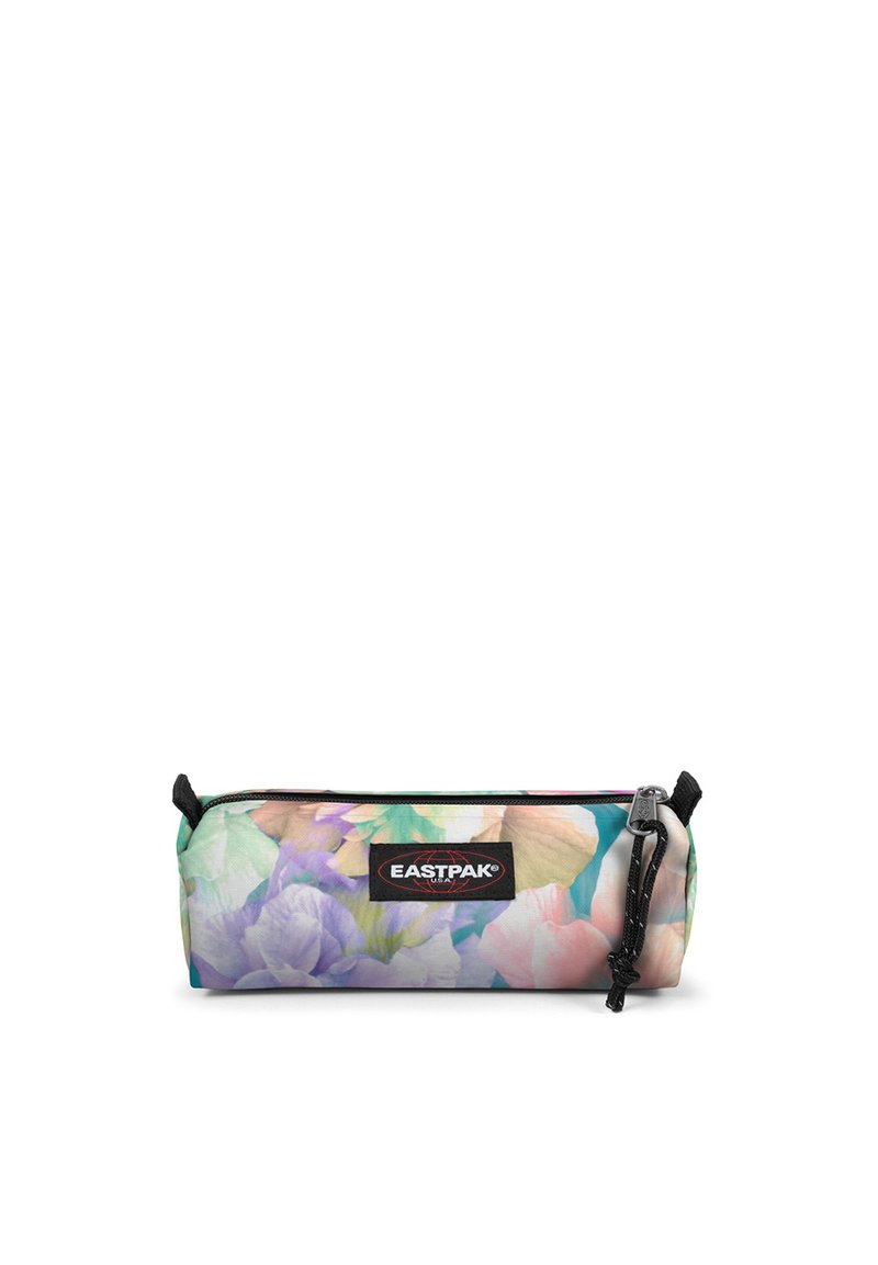 Bloemenetui van zachte stof, met een mix van pastelkleuren, een ritsluiting en een logopatch aan de voorkant.