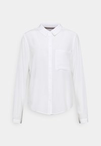 Weiße Bluse mit langen Ärmeln aus glattem Stoff, ausgestattet mit einem klassischen Kragen, einer Knopföffnung auf der Vorderseite und einer einzelnen Brusttasche.