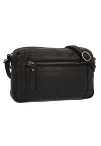 Czarna sk�órzana torba na ramię z zasuwaną kieszenią z przodu, regulowanym paskiem i subtelną teksturą. Wyposażona w złocisty zamek błyskawiczny i metalowe detale.