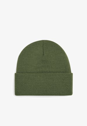 Olive green knitted beanie, close-fitting with a folded cuff and textured pattern. Lightweight and stretchable fabric, soft texture.