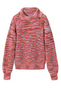 Kõrge kaelusega kootud kampsun, millel on mitmevärviline mustriga roosade, oranžide, siniste ja pruunide toonidega. Soonilised varrukad ja ääred.