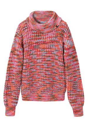 Adīts džemperis ar augstu apkakli, ar daudzkrāsainu rakstu rozā, oranžā, zilā un brūnās toņos. Ribas manžetēs un apakšmalā.