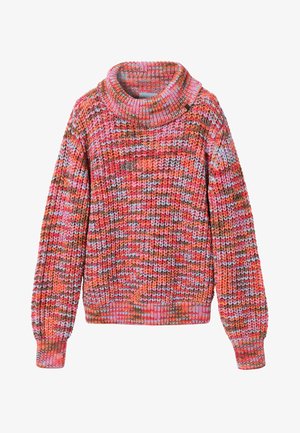 Sweter dziany z wysokim kołnierzem, ozdobiony wielokolorowym wzorem w odcieniach różu, pomarańczu, niebieskiego i brązu. Mankiety i dół z prążkowanej dzianiny.