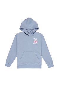 Svetlomodrá mikina z mäkkej tkaniny, s predným vreckom a kapucňou so sťahovacou šnúrkou. Na ľavej strane hrude je potlačené logo v ružovej farbe.