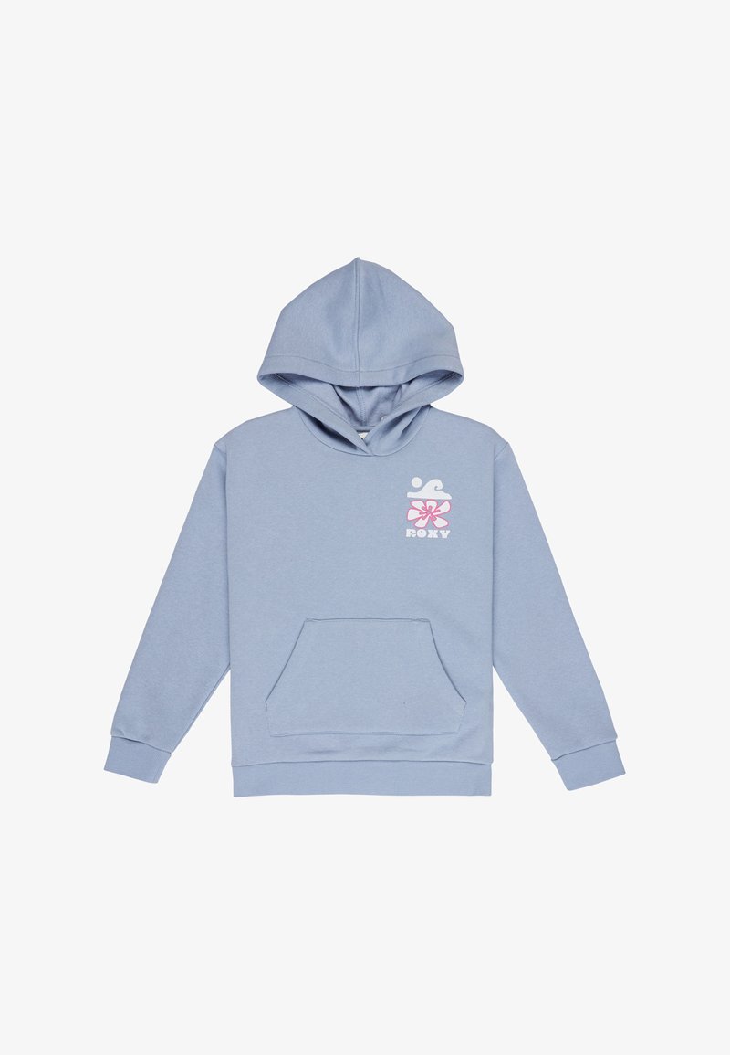 Sudadera azul clara hecha de tejido suave, con un bolsillo frontal y capucha con cordón. Logotipo impreso en rosa en la parte izquierda del pecho.