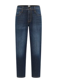 Dunkelblaue Denim-Jeans mit einem leicht abgenutzten Finish, ausgestattet mit fünf Taschen, Metallbeschlägen und Kontrastnähten.