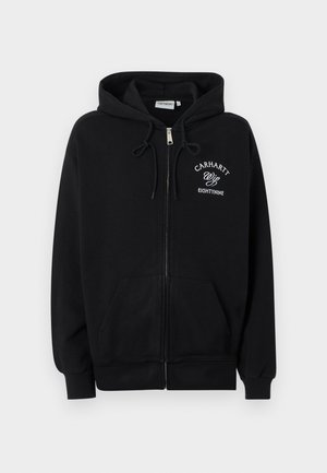 Μαύρο φούτερ με φερμουάρ, εμπρόσθιες τσέπες, κουκούλα με κορδόνια και λευκό κείμενο «Carhartt Wip Eightynine» στο αριστερό στήθος.