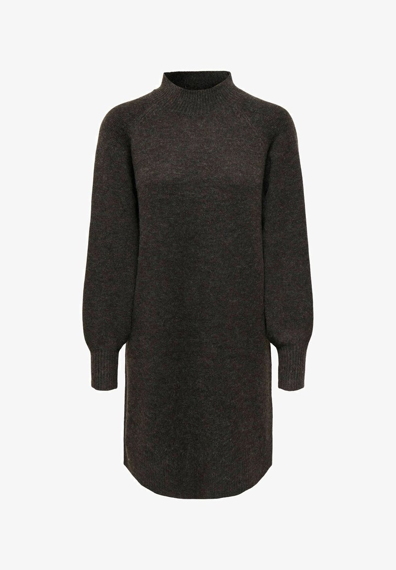 Robe-pull tricotée gris foncé à manches longues avec un col rond haut et des poignets côtelés sur fond blanc.