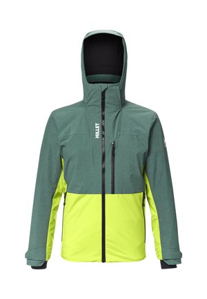 Grüne und gelbe wasserdichte Jacke mit Reißverschluss vorne, Kapuze, Karomuster und verstellbaren Bündchen. Mit schwarzen Reißverschluss- und Logoakzenten.