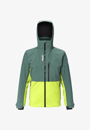 Grüne und gelbe wasserdichte Jacke mit Reißverschluss vorne, Kapuze, Karomuster und verstellbaren Bündchen. Mit schwarzen Reißverschluss- und Logoakzenten.