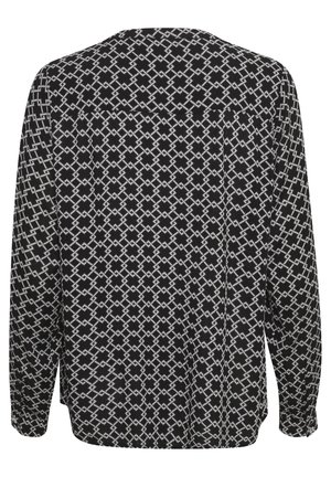 Blouse noire à manches longues avec un motif géométrique en forme de chaîne blanche, vue de dos.
