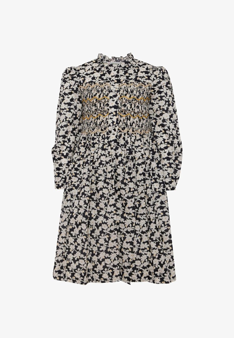 Abito nero fluido con stampa floreale bianca, impreziosito da dettagli ricamati gialli e grigi sul corpetto, caratterizzato da maniche lunghe e un colletto arricciato.