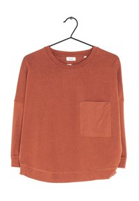 Rostfarbener Langarm-Sweatshirt mit Rundhalsausschnitt und einer vorderen Patentasche. Baumwollmischung, lockere Passform und abgerundeter Saum.