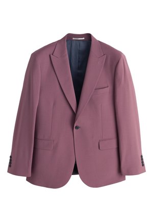 Blazer malva con un bottone, rever con lancia, due tasche frontali con pattina e una tasca sul petto, mostrato su sfondo bianco.