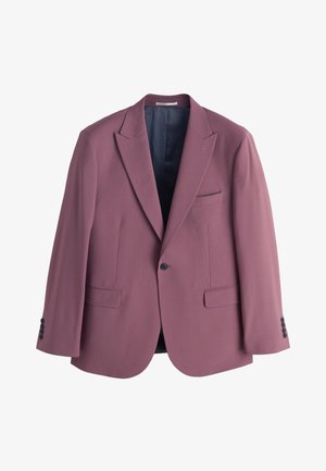 Einreihiger mauvefarbener Blazer mit Kerbkragen, zwei aufgesetzten Taschen mit Klappen vorne und einer Brusttasche, dargestellt vor weißem Hintergrund.