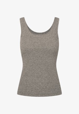 Gray ribbed tank top with a scoop neckline and a fitted silhouette, made from a soft, stretchy fabric.