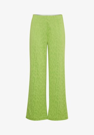 Vihreät leveät housut, joissa on hienovarainen leopardi-kuvio, valmistettu kevyestä kankaasta. Sisältää sileän vyötärönauhan ja pehmeän pinnan.