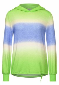 Hoodie med en gradient av grönt till blått, med långa ärmar och en dragsnorskanter nedtill. Mjuk tygtextur.