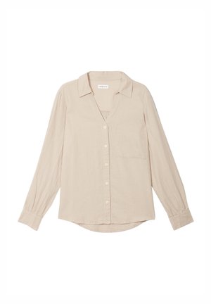 Helles beige Langarm-Hemd mit Knopfleiste, Kragen, V-Ausschnitt, einer Brusttasche und leicht abgerundetem Saum. Weicher Stoff.