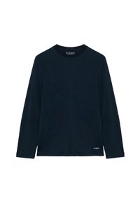 Camicetta a maniche lunghe in cotone di un intenso blu navy, con scollo a giro e un discreto dettaglio del logo sull'orlo. Tessuto morbido e vestibilità regolare.