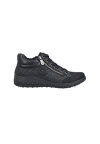 Czarne skórzane sneakersy typu high-top w wzór lamparta, z teksturowaną podeszwą, sznurowanym zapięciem oraz bocznym zamkiem.