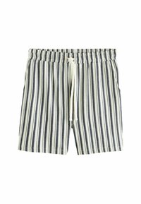Shorts de bain rayés avec une ceinture élastique, présentant des rayures bleu marine et blanches, un cordon de serrage et une texture de tissu léger.