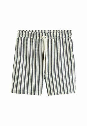 Shorts de bain rayés avec une ceinture élastique, présentant des rayures bleu marine et blanches, un cordon de serrage et une texture de tissu léger.