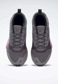 Paire de chaussures de course Reebok grises et noires avec lacets et accents roses, vues de dessus sur fond blanc.