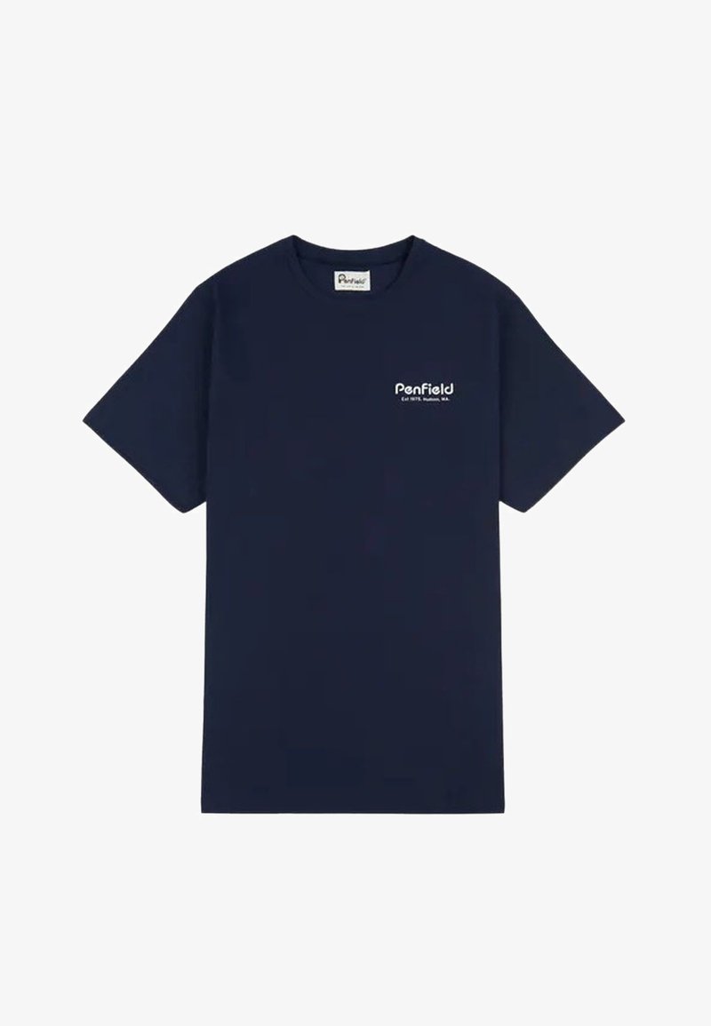 T-shirt in cotone blu navy con maniche corte, scollo rotondo e piccolo logo bianco "Penfield" sul lato sinistro del petto.