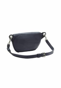 Borsa a tracolla in pelle blu navy con una texture liscia, forma semi-rigida, tracolla regolabile e dettagli in metallo color argento.