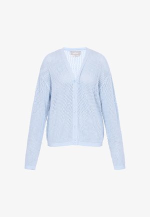 Jasnoniebieski dziergany kardigan z dekoltem w serek, długimi rękawami i zapięciem na guziki. Charakteryzuje się teksturowanym, ażurowym wzorem.
