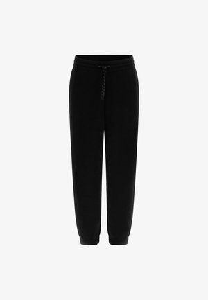 Mustad mustad püksid siledast kangast, elastse vöökoha, reguleeritava nööriga ja kitsenevate pahkluude jaoks. Toote omaduseks on peen logo detail.