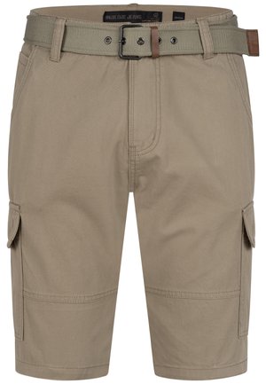 Beige cargoshorts gemaakt van stof met een gladde textuur. Beschikt over twee zijzakken en een duurzame geweven riem met een metalen gesp.