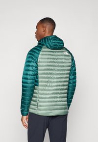 Groene geïsoleerde jas met een capuchon, voorzien van een gewatteerde textuur, contrasterende mouwkleuren en een logo op de bovenrug.
